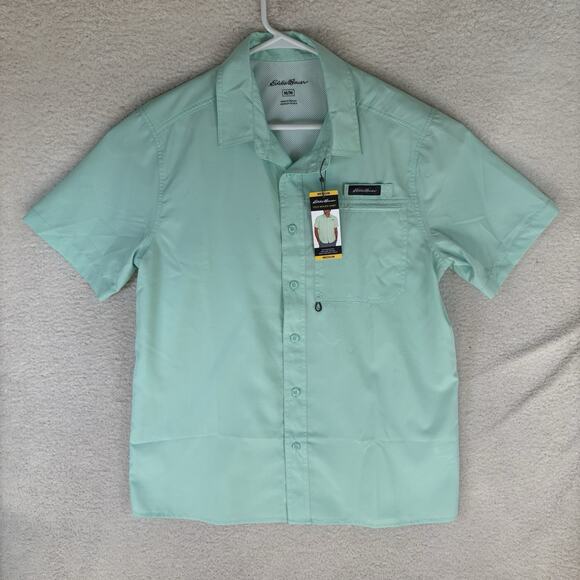 Eddie Bauer Tech Woven Shirt Mens Medium Teal Blue Short Sleeve Fishing Vented - Picture 1 of 16